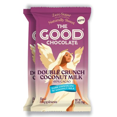 The Good Chocolate - Double Crunch Vegan Coconut Milk Cacao Bar, Coconut Milk Vegan Chocolate Bar, 90% Less Sugar, Lower Net Carb Snack, Lower Calorie, Vegan Chocolate Bars, 2 Bar Value Starter Pack