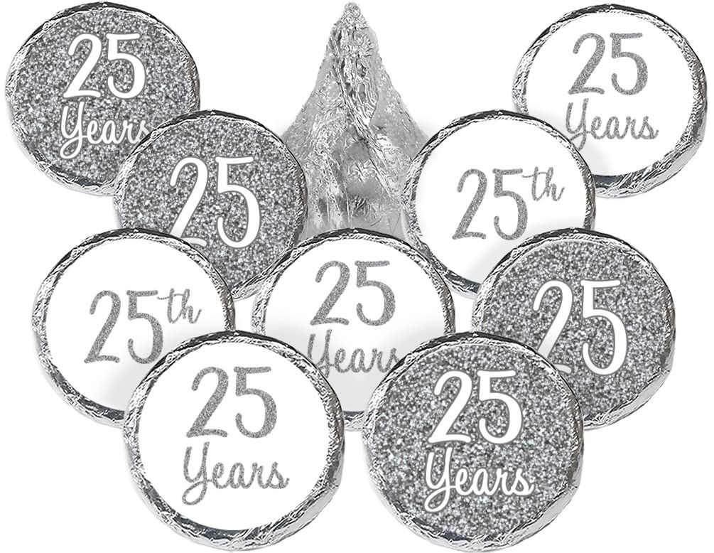 Silver 25th Wedding Anniversary Stickers, Chocolate Kisses Candy Favor Stickers - 180 Count