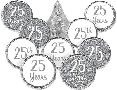 Silver 25th Wedding Anniversary Stickers, Chocolate Kisses Candy Favor Stickers - 180 Count