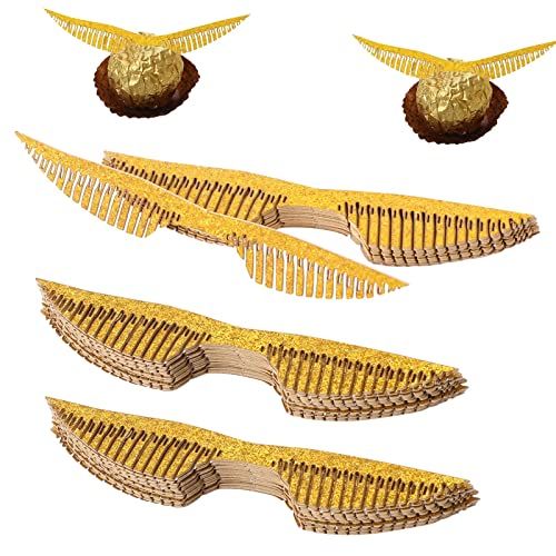 50 Pcs Glitter Golden Wings with Glue Circles Chocolate Gold Decor Wizard Party Chocolate Decoration Chocolate Hollowed Party Supplies Golden Wings Cake Wafer for Birthday Wedding Prom