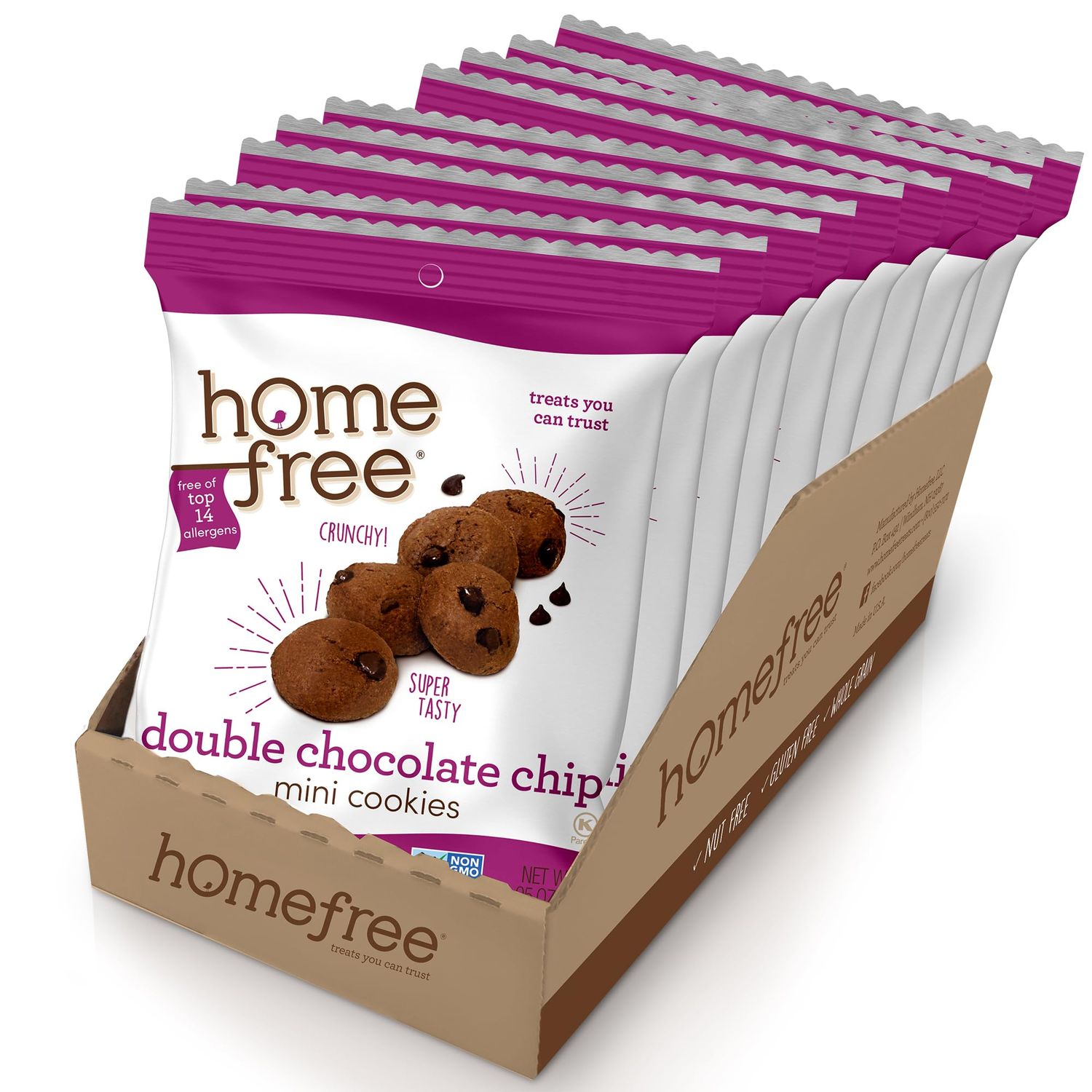 Homefree Mini Double Chocolate Chip Cookies, Gluten Free, Nut Free, Vegan, Individually Wrapped Packs, School Safe and Allergy Friendly Snack, 0.95 oz. (Pack of 10)