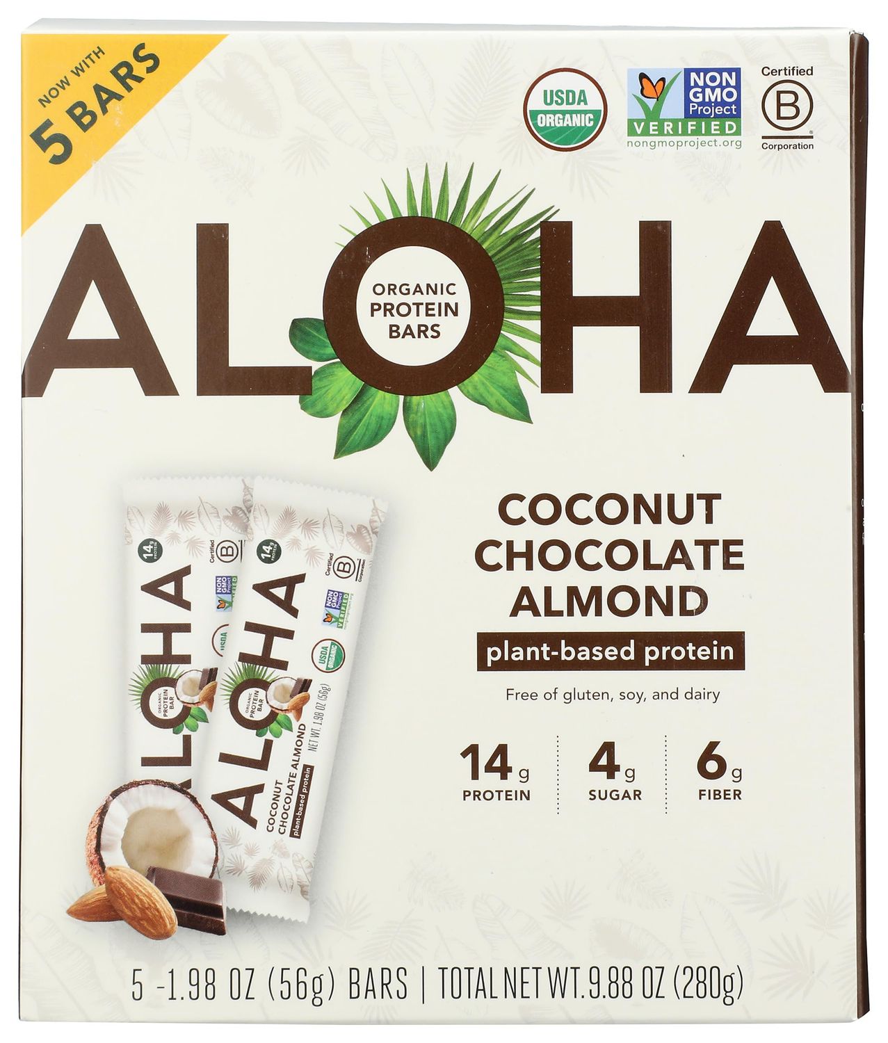 Aloha Organic Coconut Chocolate Almond Protein Bar 5 Count, 1.98 OZ