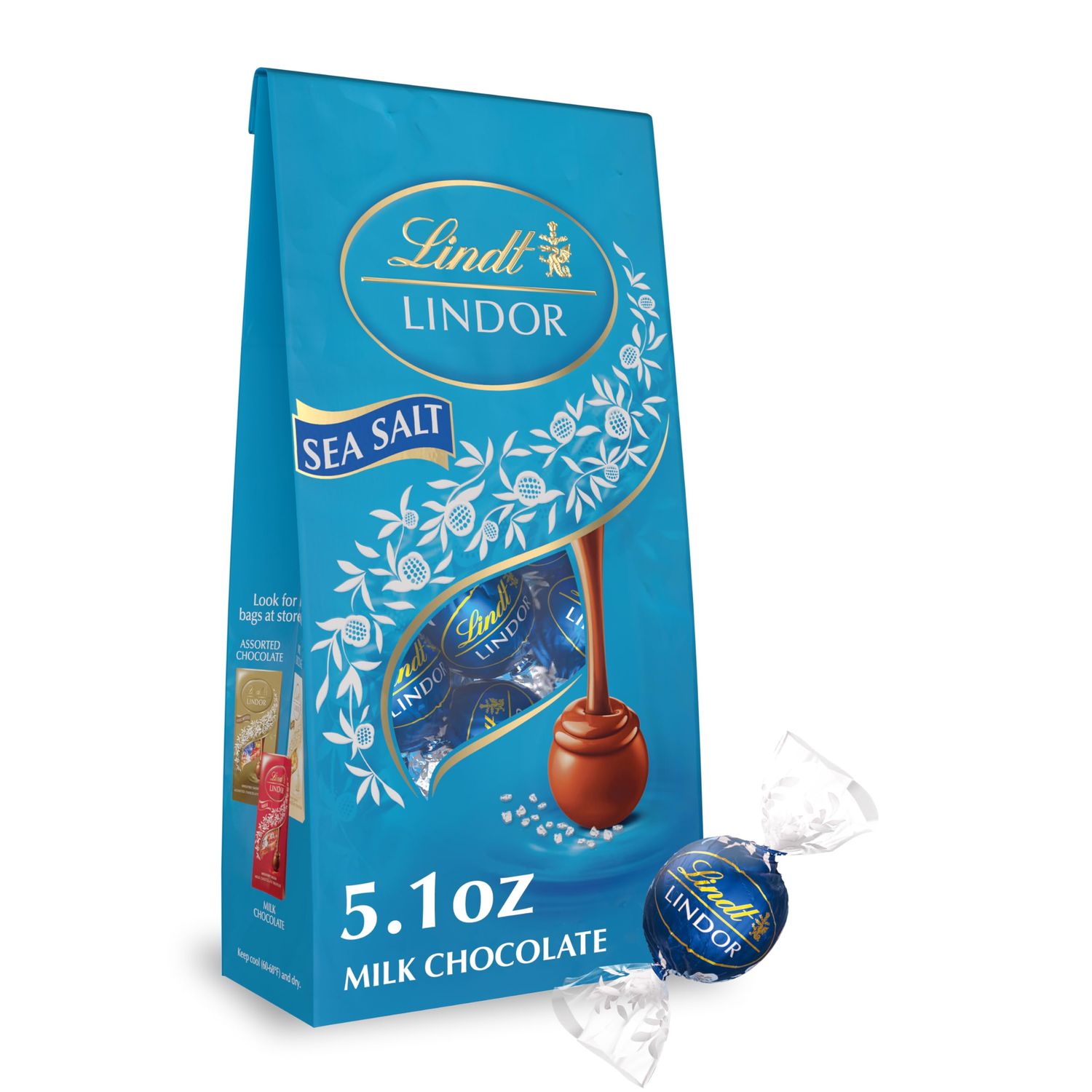 Lindt LINDOR Sea Salt Milk Chocolate Truffles, Milk Chocolate Candy with Smooth, Melting Truffle Center, Great for Gift Giving, 5.1 oz. Bag (6 Pack)