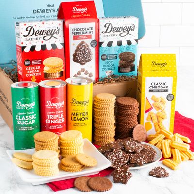 Santa&#39;s Snacks Gift Basket by Dewey&#39;s Bakery | Moravia Cookies and Gift Tubes, Chocolate Peppermint Cookies &amp; Cheddar Cheese Straws | Holiday Gift Basket | 7-Piece