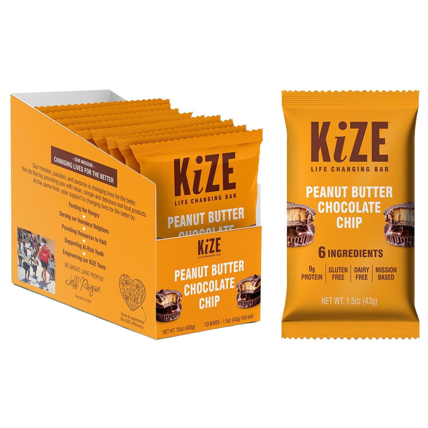 KiZE Energy Bar, Peanut Butter Chocolate Chip, 6 Ingredients, 9g Protein, Clean &amp; Simple Real Food, Gluten Free, Non-GMO, Dairy Free, Soy Free, Mission Based, High Protein Snacks (10 Count)