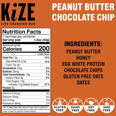 KiZE Energy Bar, Peanut Butter Chocolate Chip, 6 Ingredients, 9g Protein, Clean & Simple Real Food, Gluten Free, Non-GMO, Dairy Free, Soy Free, Mission Based, High Protein Snacks (10 Count)