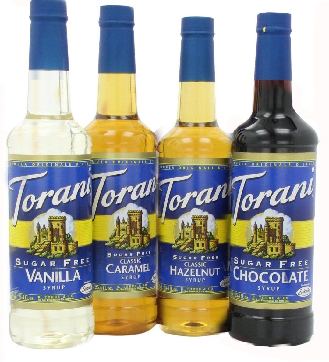 Torani Sugar Free Syrup Variety Pack for coffee, 25.4 Ounce (Pack of 4) one each of Sugar free: Vanilla, Caramel, Hazelnut and Chocolate