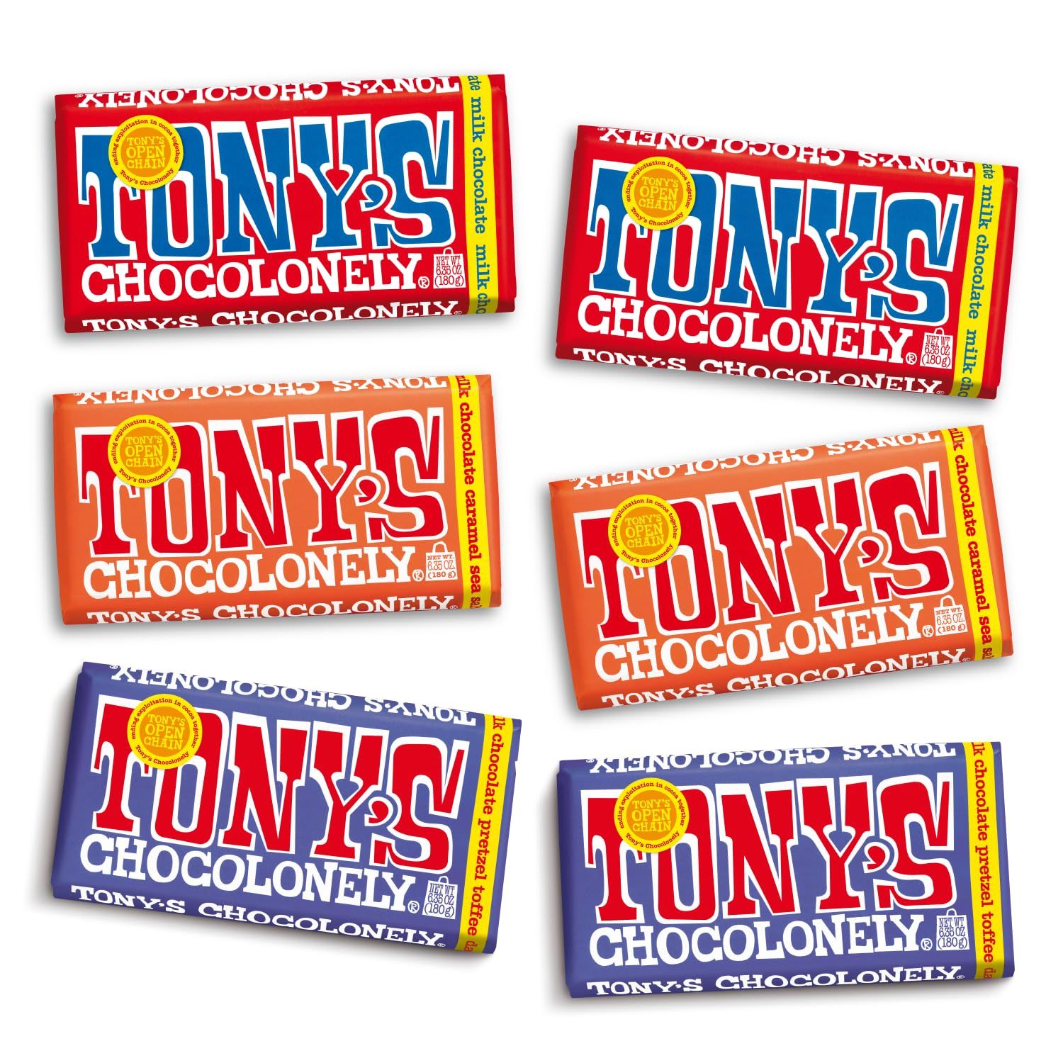 Tony&#39;s Chocolonely - Top 3 Milk Chocolate Bundle - Belgium Chocolate, No Artificial Flavoring, Fairtrade &amp; B Corp Certified - 6.35 Oz, 6 Bars