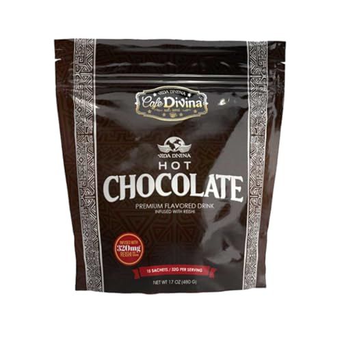 Vida Divina - Hot Chocolate - Non-Dairy, Instant Warmth- Old Fashioned Flavor with Cocoa, Malt Extract, and 320mg Reishi Mushroom Extract - Rich, Warm Satisfaction for the Whole Family - 15 Sachets