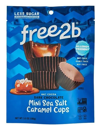 Free2b Sea Salt Caramel Mini Cups, Safe for School and Allergy Friendly - Gluten-Free, Dairy-Free, Nut-Free, and Soy-Free - Dark Chocolate, 3.5 oz Resealable Bag