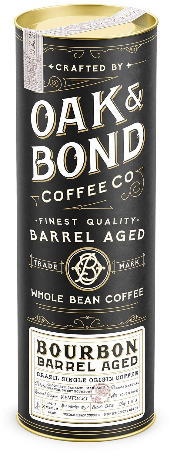 Kentucky Bourbon Whiskey Barrel Aged Coffee, Brazil Single Origin Whole Coffee Bean, Medium Roast w/Flavor Notes of Chocolate, Caramel, Mandarin Orange, Sweet Bourbon by Oak &amp; Bond Coffee Co. - 10oz.