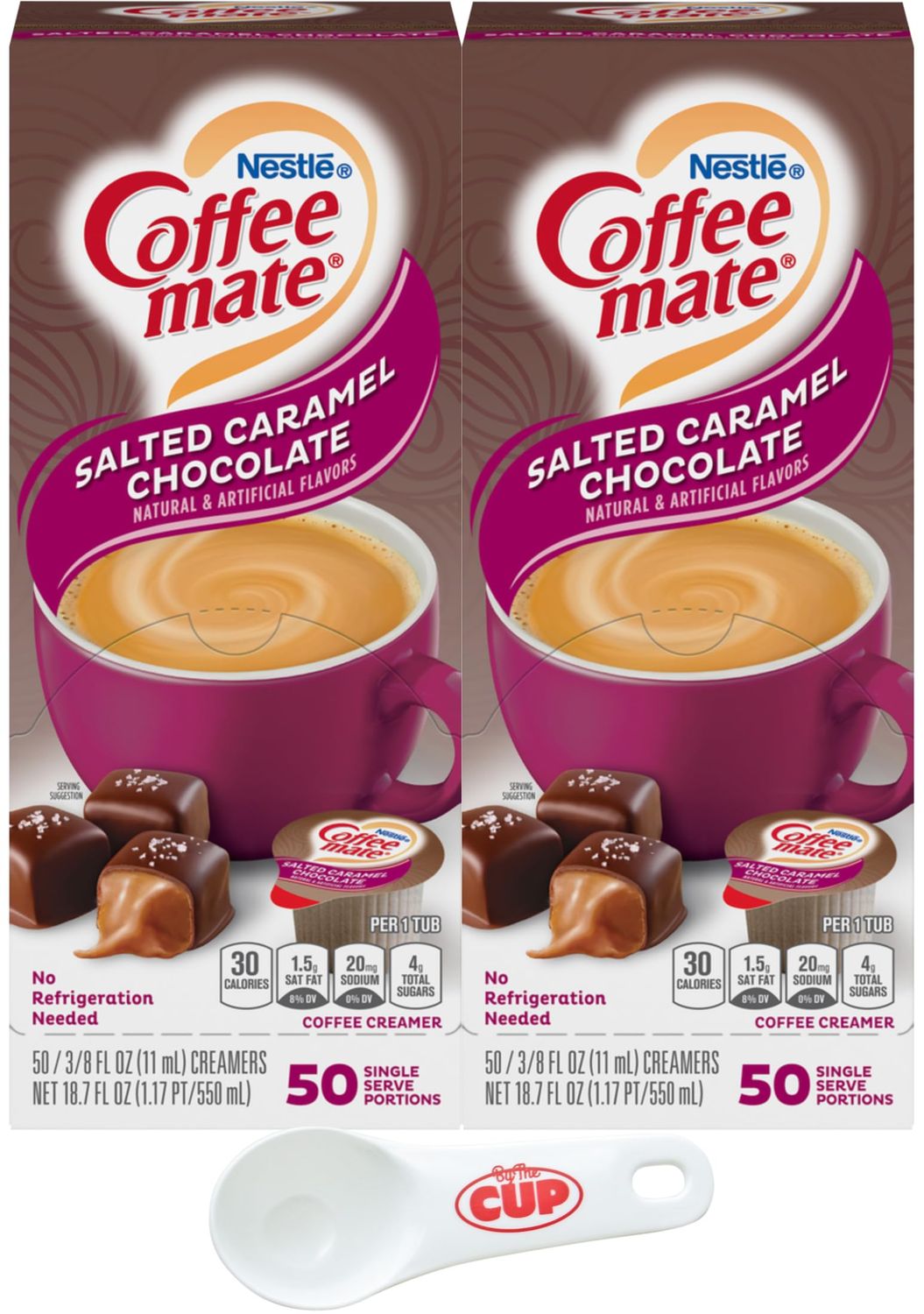 Nestle Coffee mate Liquid Coffee Creamer Singles, Salted Caramel Chocolate, 50 Ct Box (Pack of 2) with By The Cup Coffee Scoop