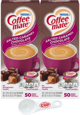 Nestle Coffee mate Liquid Coffee Creamer Singles, Salted Caramel Chocolate, 50 Ct Box (Pack of 2) with By The Cup Coffee Scoop