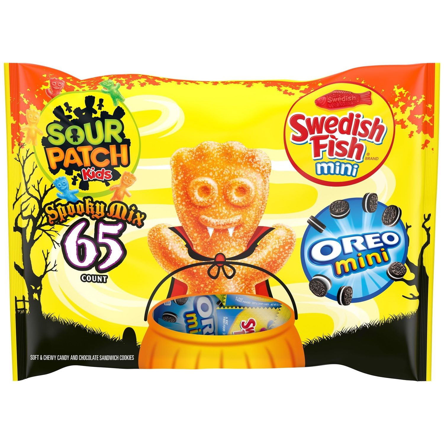 SOUR PATCH KIDS, OREO Mini Chocolate Sandwich Cookies &amp; SWEDISH FISH Mini Halloween Candy Variety Pack, Bulk Candy, 65 Trick or Treat Bags