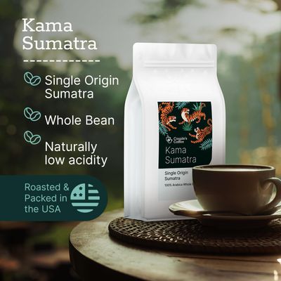 Couples Coffee Sumatra Mandheling | Dark Roast Single Origin Whole Bean | Notes of Dark Chocolate, Earth, Smokey with Naturaly Low Acidity | Grown at 1,500 Elevation | 12oz bag brews about 34 cups
