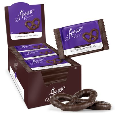 Asher&#39;s Chocolates, Chocolate Covered Pretzels, Gourmet Sweet and Salty Candy, Individually Wrapped Snack, Family Owned Since 1892 (18 count, Dark Chocolate)