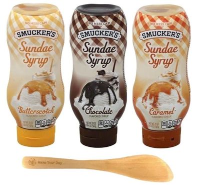Sundae Syrup, Butterscotch, Chocolate, and Caramel, 20 Ounce (Pack of 3) - with Make Your Day Spreader