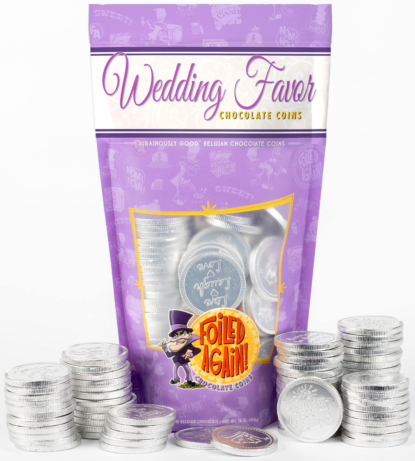 Foiled Again! Chocolate Wedding Favor Coins - Belgian Milk Chocolate Coins - Silver Italian Foil - Elegant Reception Table Favors - Sealed, Resealable Bag - 1 pound