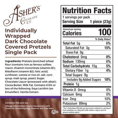 Asher's Chocolates, Chocolate Covered Pretzels, Gourmet Sweet and Salty Candy, Individually Wrapped Snack, Family Owned Since 1892 (18 count, Dark Chocolate)