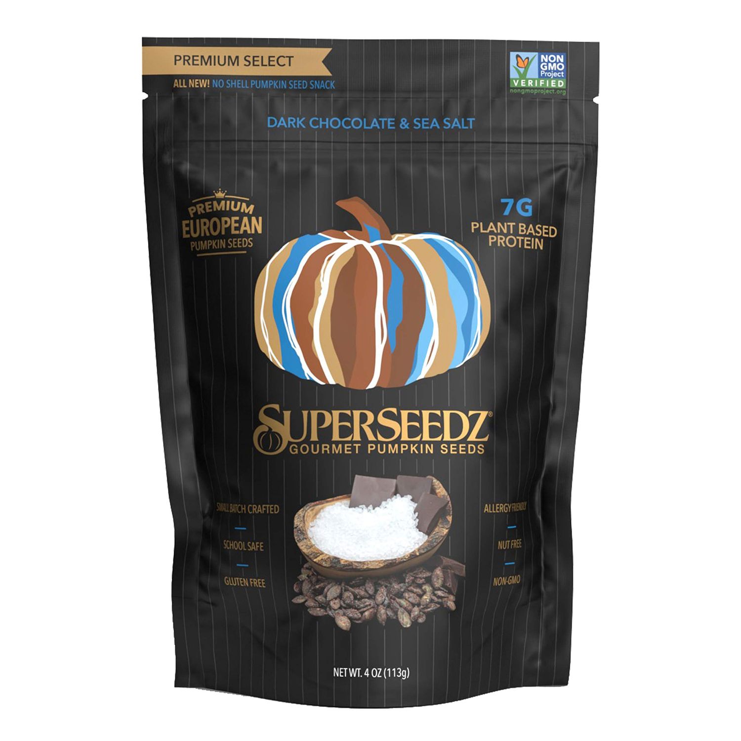 SuperSeedz Dry Roasted Pumpkin Seeds - Dark Chocolate &amp; Sea Salt Pepitas, Whole 30, Vegan, Keto, 7g Plant Based Protein, Produced in USA, Nut Free, Fresh Gluten Free Snack (4oz)