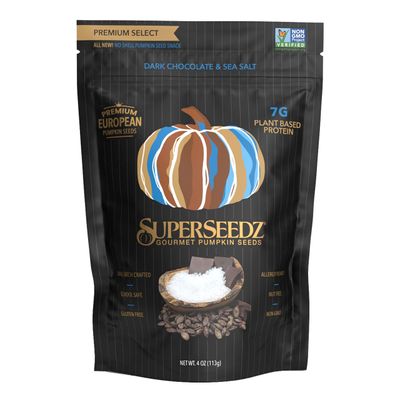 SuperSeedz Dry Roasted Pumpkin Seeds - Dark Chocolate &amp; Sea Salt Pepitas, Whole 30, Vegan, Keto, 7g Plant Based Protein, Produced in USA, Nut Free, Fresh Gluten Free Snack (4oz)