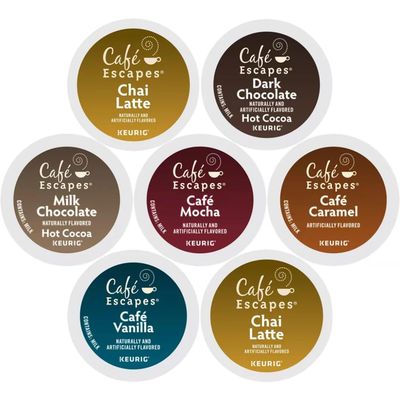 Cafe Escapes K-cups Coffee Pods Variety Sampler Includes Cafe Mocha, Vanilla, Caramel, Chai Latte, Dark &amp; Milk Chocolate Hot Cocoa for Keurig Brewers. 24 Count
