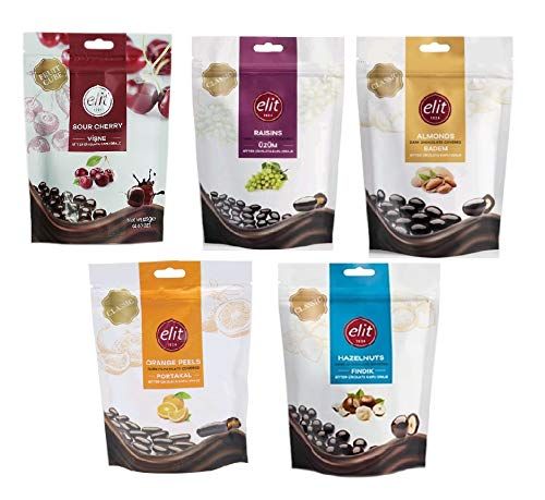Elit Dark Chocolate Covered Raisin , Hazelnut , Orange, Almond, Sour Cherry Mix -5 Pack