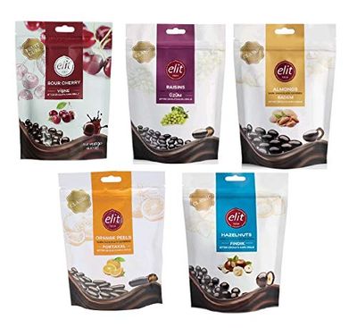 Elit Dark Chocolate Covered Raisin , Hazelnut , Orange, Almond, Sour Cherry Mix -5 Pack