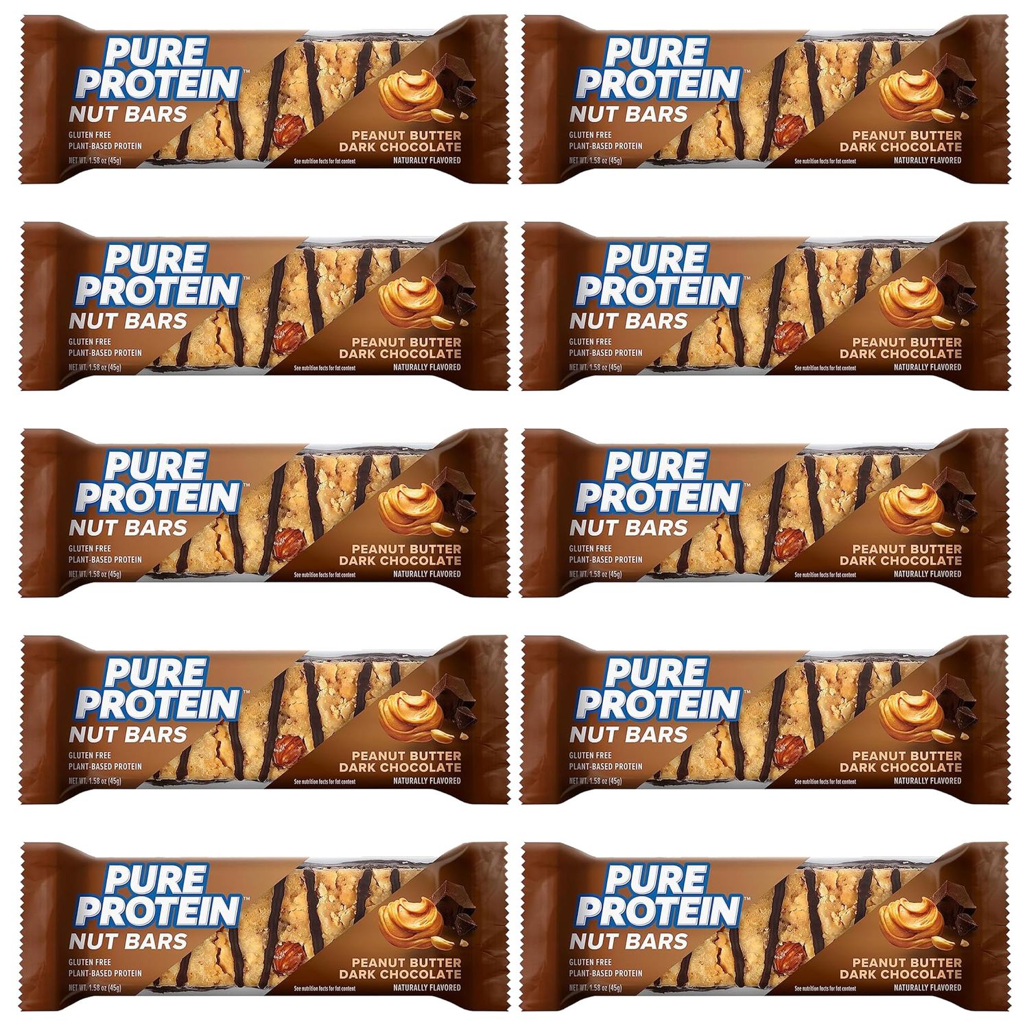 Pure Protein Nut Bars, Peanut Butter Dark Chocolate, 10g Protein, 1.64 oz, 10 Pack Gluten Free, Low Sugar, Peanut Butter Dark Chocolate