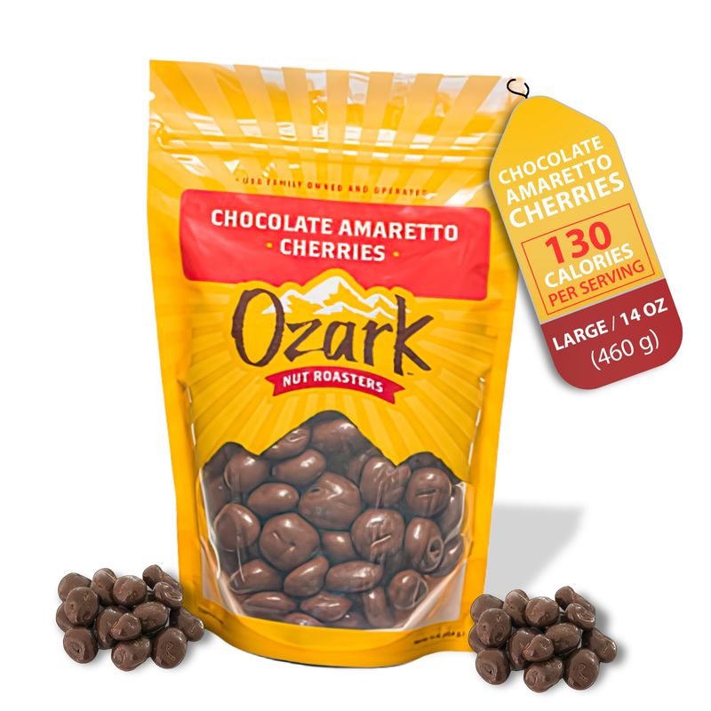 OZARK NUT ROASTERS, Chocolate Amaretto Cherries, Chocolate-Flavored Cherry Nuts, World-Class Gourmet Candied Peanuts, Resealable Pack, (14 oz)