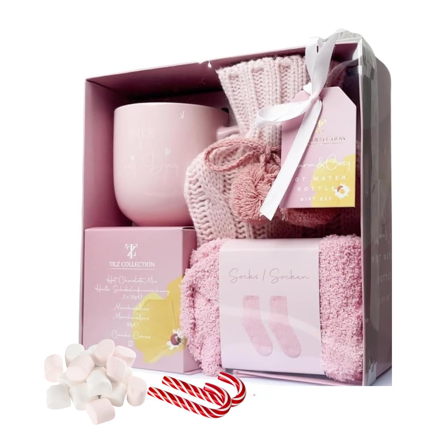 Christmas Gifts For Women - Hot Chocolate Gift Sets |Christmas Hot Cocoa Gift Sets With Mug, Mini Hot Water Bottle, Socks, Marshmallows For Hot Chocolate, Candy |Gourmet Hot Chocolate Gift Set