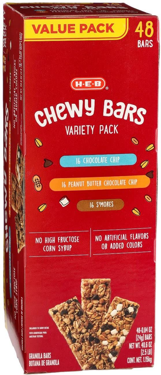 H-E-B Chewy Bars Variety Value Pack, Granola, Breakfast bars, Snacks, Smores, Chocolate chip, Smores, Peanut Butter Chocolate Chip (48 Bars)