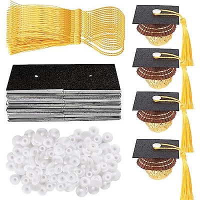 48 PCS 2024 Graduation Cap Cupcake Toppers with Tassel Adhesive Dots Chocolate Decorations Class of 2024 Congrats Grad Cap Cupcake Decorations for 2024 Graduation Theme Party Supplies Black Gold