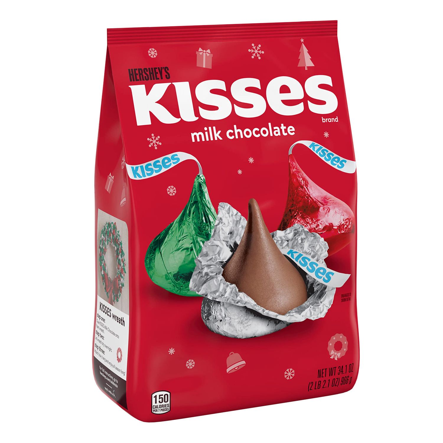 HERSHEY&#39;S KISSES Milk Chocolate, Christmas Candy Bag, 34.1 oz