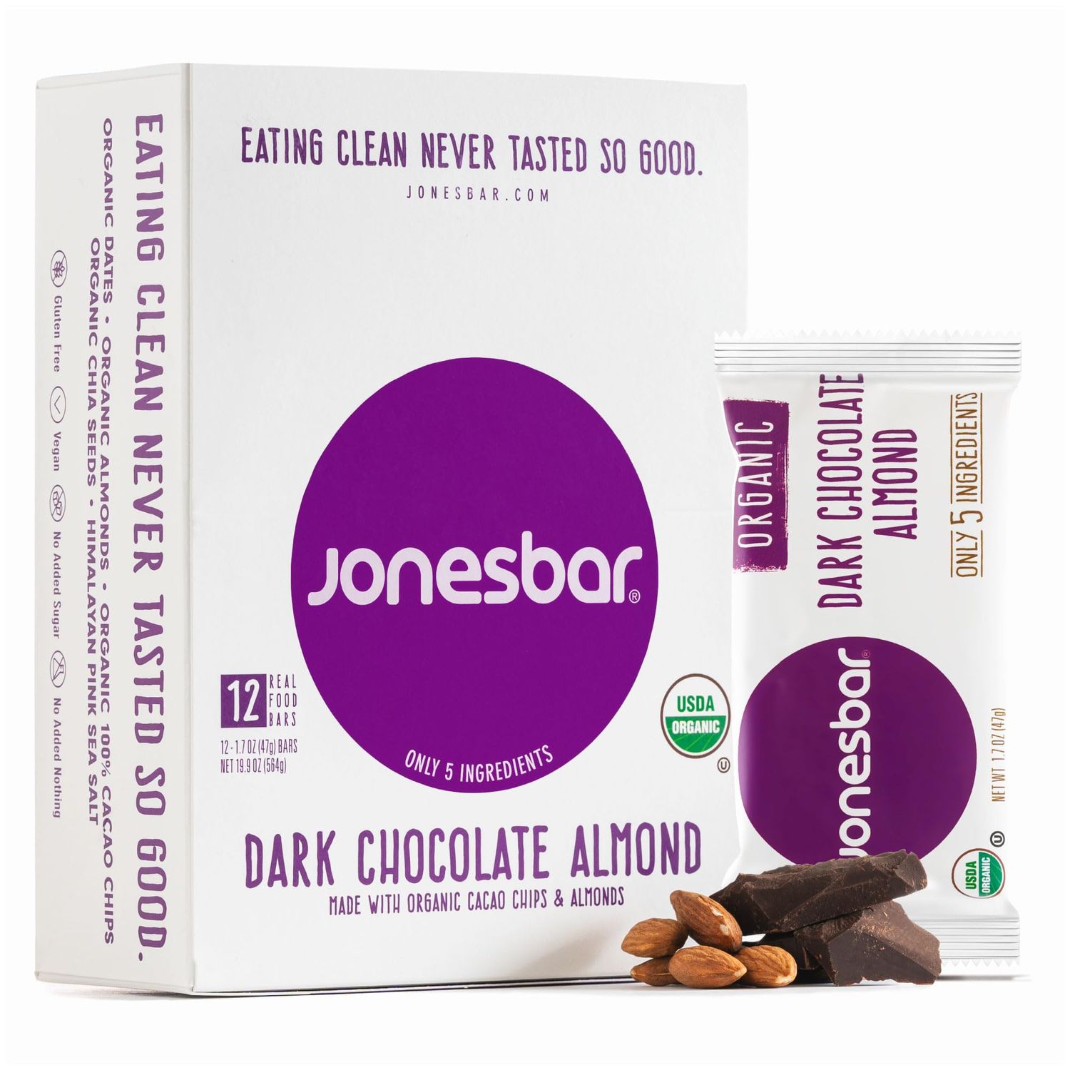 JONESBAR (Dark Chocolate Almond, (12 Count (Pack of 1)), USDA Organic Fruit &amp; Nut Bar, Non-GMO, Kosher, Vegan, Gluten Free, Simple Snack Bar