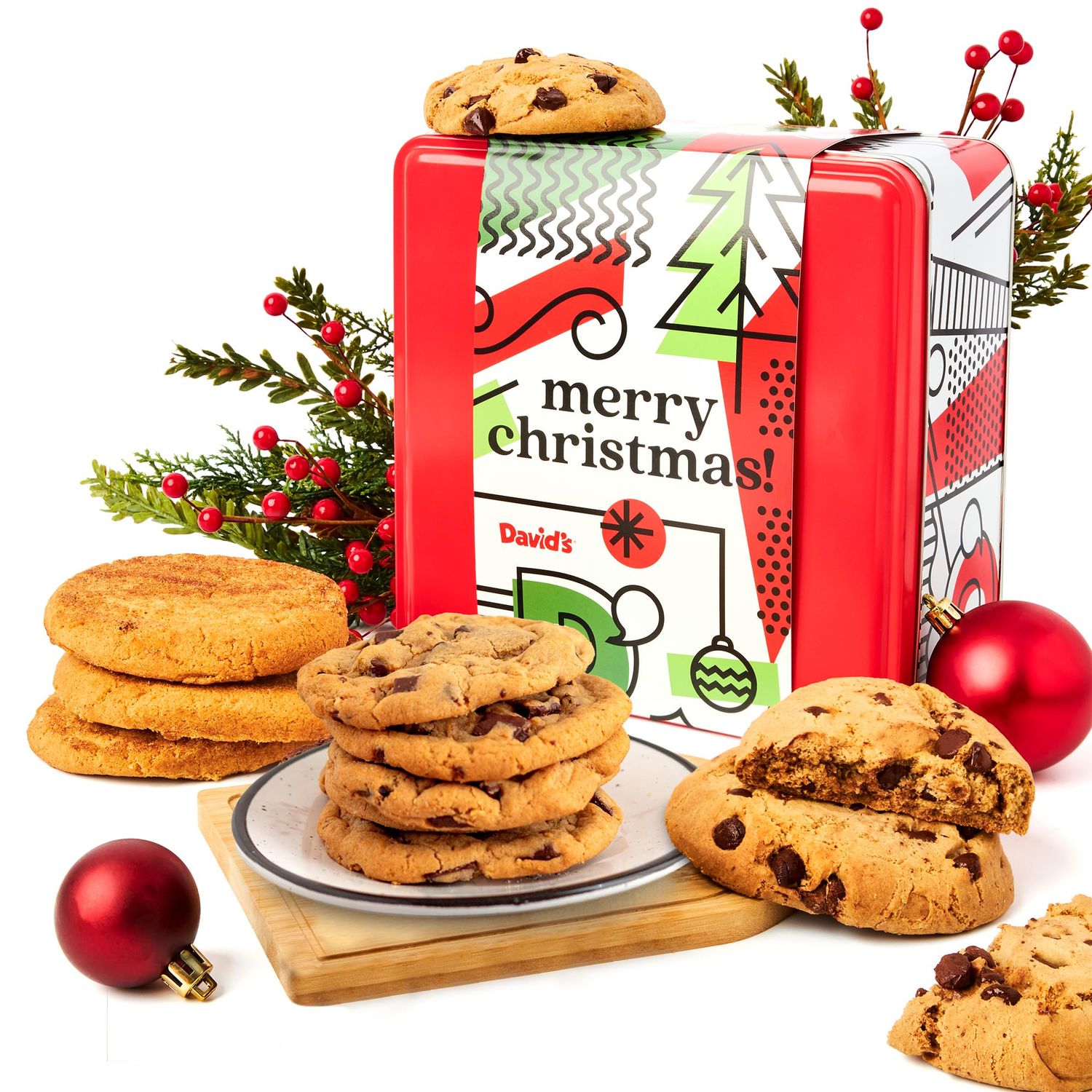 David&#39;s Cookies Merry Christmas Gluten-Free Chocolate Chip and Snickerdoodle Cookies Tin 2lbs - Gourmet Fresh Baked Snacks - Delicious Bakery Dessert Treats - Holiday Gift Box For Friends and Family