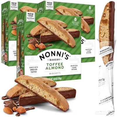 Nonni&#39;s Toffee Almond Biscotti Italian Cookies - 3 Boxes Biscotti Cookies w/English Toffee Bits - Biscotti Individually Wrapped Cookies Dipped in Milk Chocolate w/Almond Toffee Candy Bits - 6.88 oz