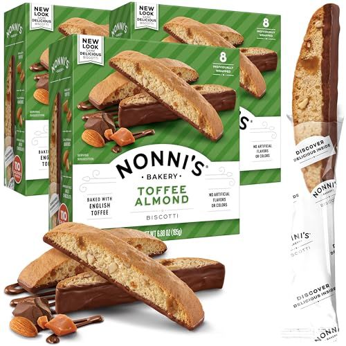 Nonni's Toffee Almond Biscotti Italian Cookies - 3 Boxes Biscotti Cookies w/English Toffee Bits - Biscotti Individually Wrapped Cookies Dipped in Milk Chocolate w/Almond Toffee Candy Bits - 6.88 oz