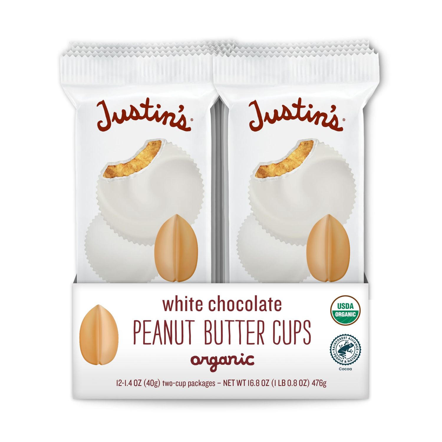 Justin&#39;s Organic White Chocolate Peanut Butter Cups, Rainforest Alliance Certified Cocoa, Gluten-free, Responsibly Sourced, 1.4 Ounce (Pack of 12)