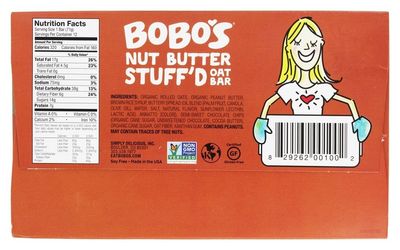 Bobos Stuffd Oat Bar, Chocolate Chip Peanut Butter, 2.5 Oz. Bar (12 pack), Whole Grain Snack &amp; Protein Bar. Great Tasting &amp; On-The-Go-Snack. Gluten Free, Non-GMO, Vegan, Kosher, and Soy Free.