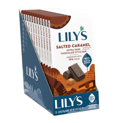 LILY&#39;S Salted Caramel Extra Dark Chocolate Style No Sugar Added, Sweets Bars, 2.8 oz (12 Count)