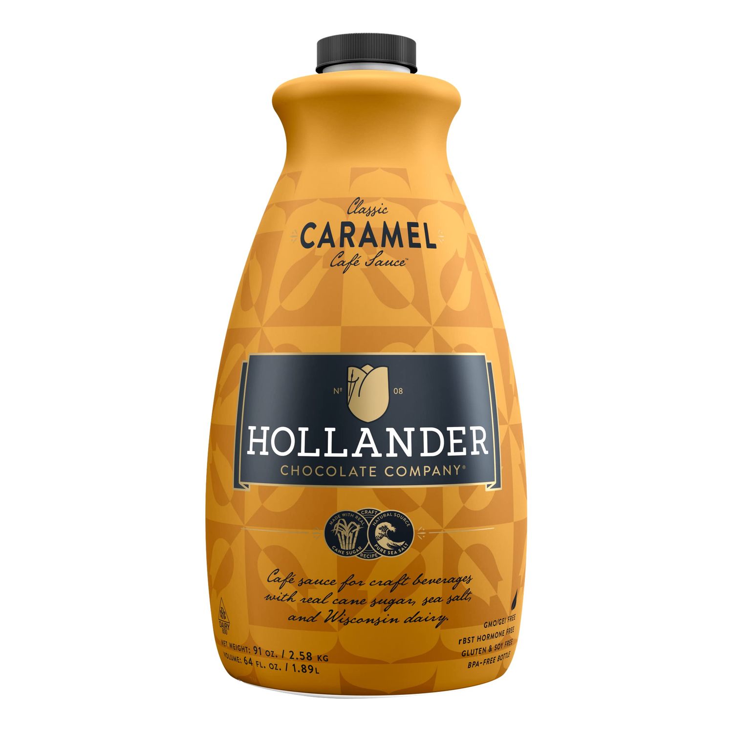 Classic Caramel Caf Sauce by Hollander Chocolate Co. | Net Wt. 91oz / 64 fl Oz. Large Bottle | NO Pump Included