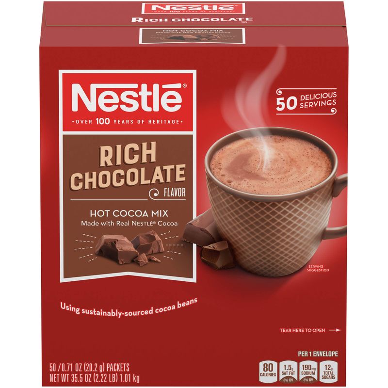 Nestle Hot Chocolate Packets, Hot Cocoa Mix, Rich Chocolate Flavor, Made with Real Cocoa, 0.71 oz, Bulk Pack (50 Count)