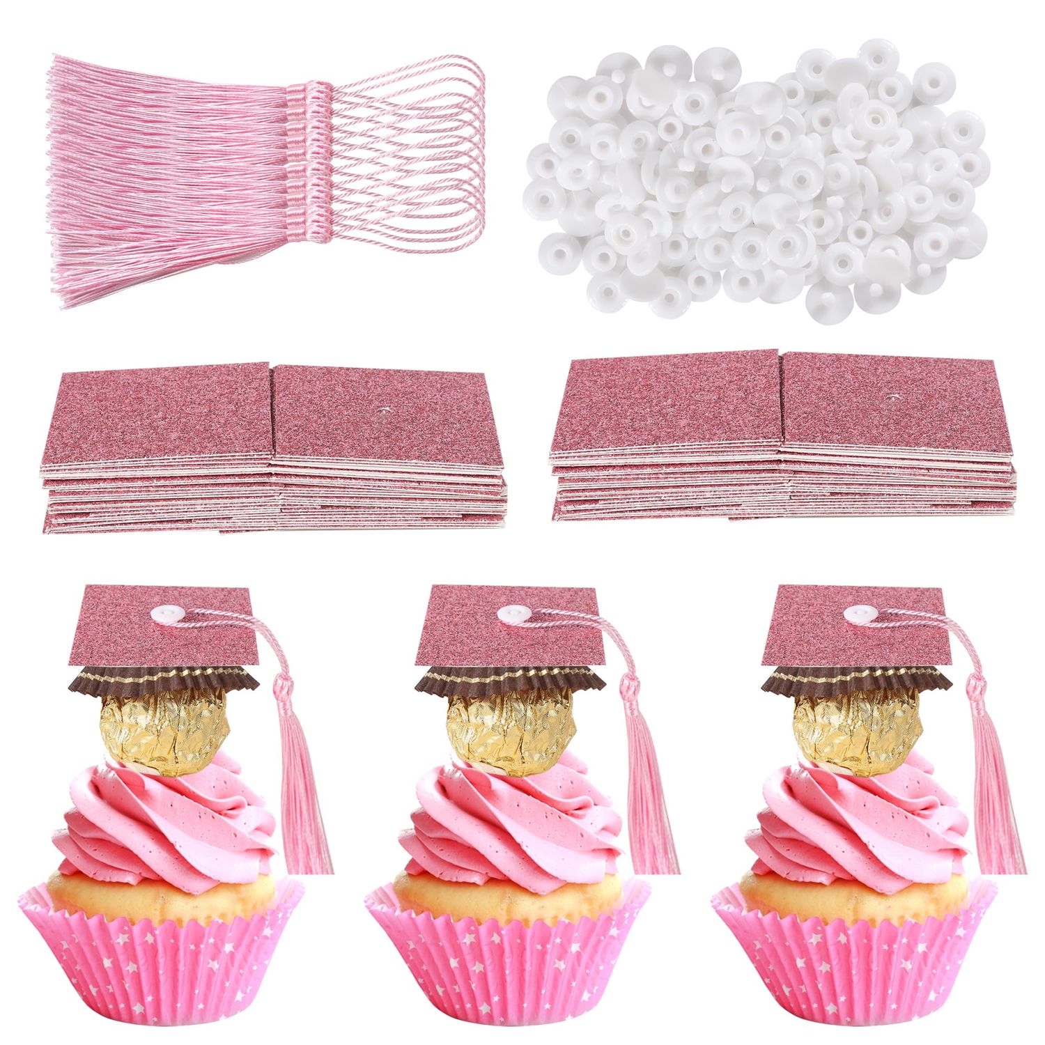 48 PCS 2024 Graduation Cupcake Toppers Tassel Adhesive Dots Chocolate Decorations Class of 2024 Congrats Grad Cap Cupcake Picks 2024 Graduation Theme Party Supplies Pink