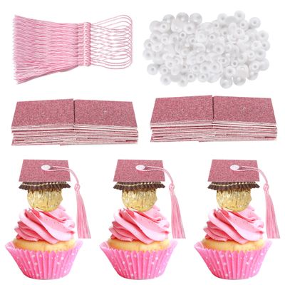 48 PCS 2024 Graduation Cupcake Toppers Tassel Adhesive Dots Chocolate Decorations Class of 2024 Congrats Grad Cap Cupcake Picks 2024 Graduation Theme Party Supplies Pink