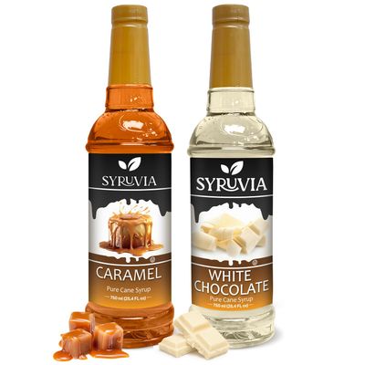 Syruvia Coffee Syrup Variety Pack - Caramel &amp; White Chocolate - Gluten-Free, Kosher, 25.4 fl oz Bottles - Enhance Your Coffee Experience with Premium Flavoring Syrups