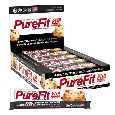 PureFit Peanut Butter Chocolate Chip Vegan Protein Bars, 20g Plant-Based Protein, Gluten-Free, Dairy-Free, Low Carb, Healthy Energy Snack (15 Count)