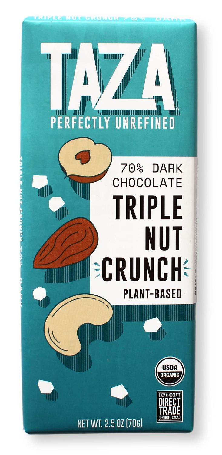 Taza Chocolate Organic Smooth &amp; Crunchy Bars 70% Stone Ground, Triple Nut Crunch 2.5 Ounces (10 Count), Vegan