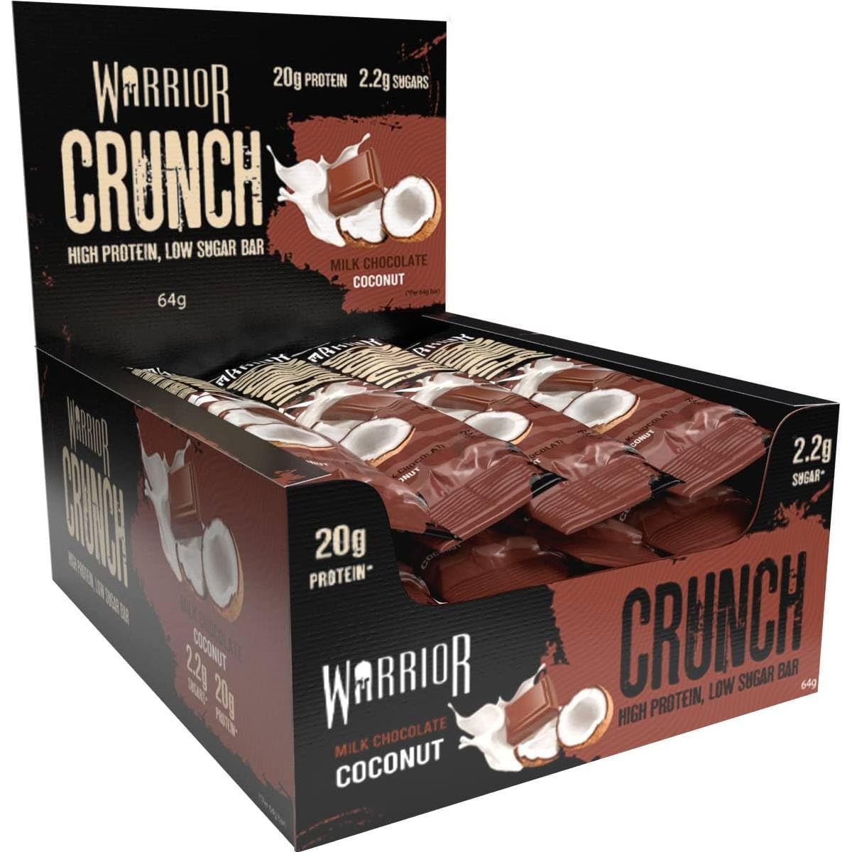 Warrior HIGH Protein Bars (20g Protein Each) - Low Carb, Low Sugar - Pack of 12 Caramel Crispy Crunch Bars - Milk Chocolate &amp; Coconut