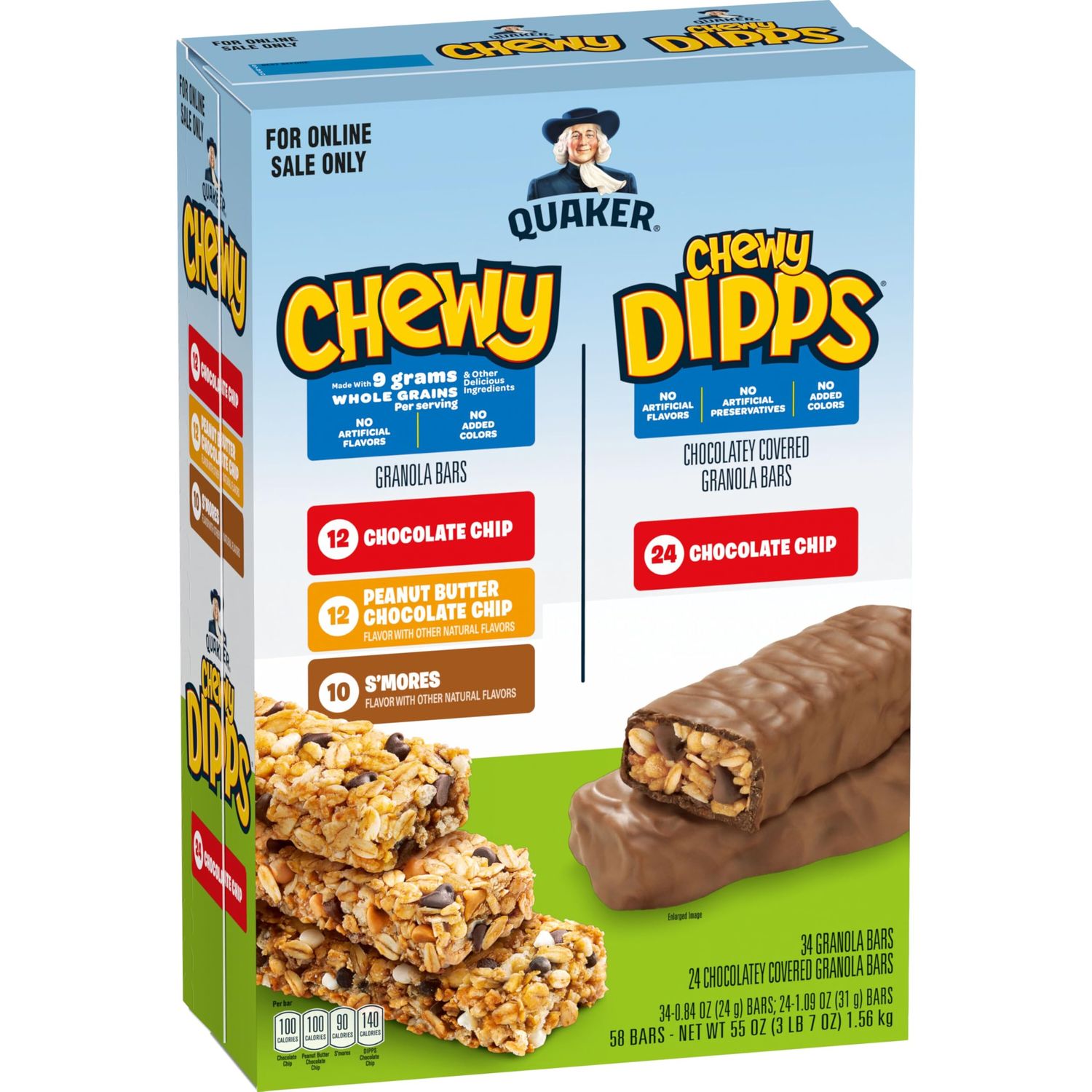 Quaker Chewy Granola Bars, Chewy &amp; Dipps 4 Flavor Variety Pack, 58 Pack, Chocolate Chip, Peanut Butter Chocolate Chip, Smores flavors